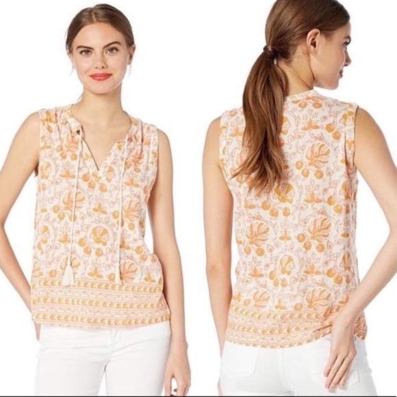Lucky Brand Woodblock Spilt Neck Sleeveless Linen Blend Top Size Medium Women - Picture 1 of 13